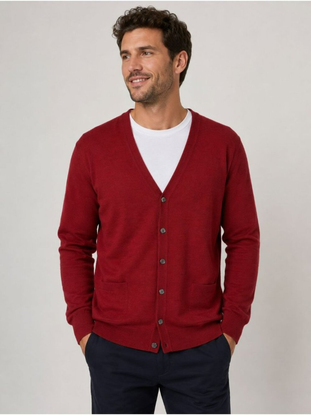 Toscano Red Merino Wool Button-Up Cardigan With Front Pockets XL Made In Italy